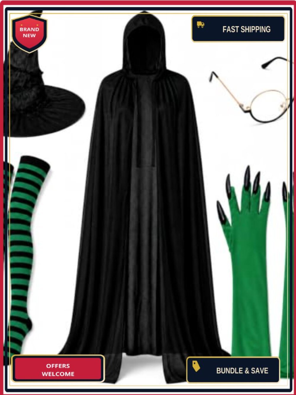 Witch Costume Accessory Set 5 Pc Hat Cloak Gloves Stockings Adult Cosplay